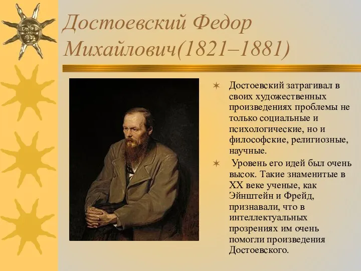 Достоевский Федор Михайлович(1821–1881) Достоевский затрагивал в своих художественных произведениях проблемы