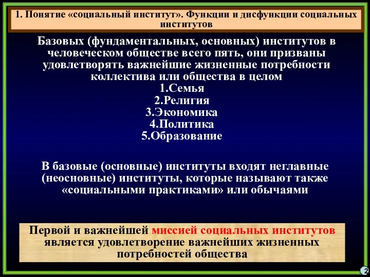 1. Понятие «социальный институт». Функции и дисфункции социальных институтов 2