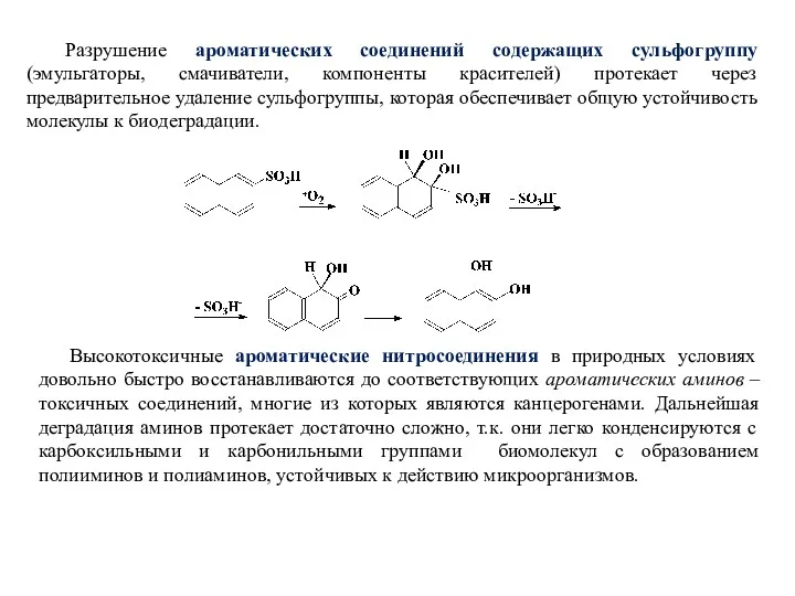 Разрушение ароматических соединений содержащих сульфогруппу (эмульгаторы, смачиватели, компоненты красителей) протекает