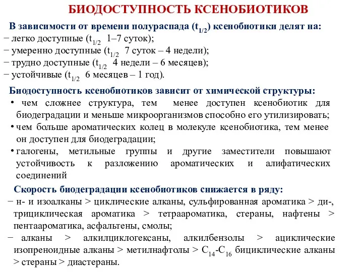 В зависимости от времени полураспада (t1/2) ксенобиотики делят на: легко