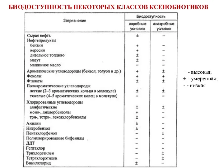 БИОДОСТУПНОСТЬ НЕКОТОРЫХ КЛАССОВ КСЕНОБИОТИКОВ + - высокая; ± - умеренная; - - низкая