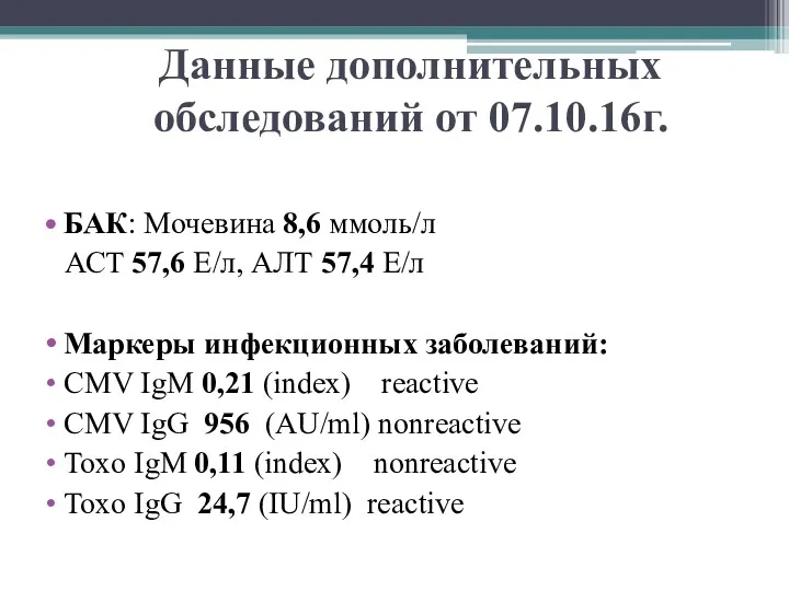 Данные дополнительных обследований от 07.10.16г. БАК: Мочевина 8,6 ммоль/л АСТ