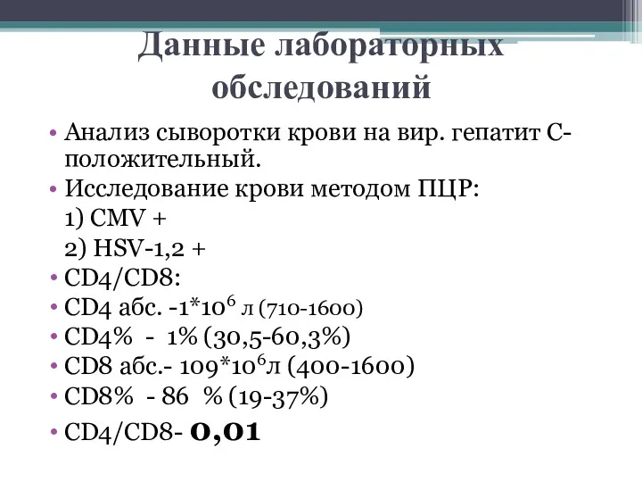 Данные лабораторных обследований Анализ сыворотки крови на вир. гепатит С-