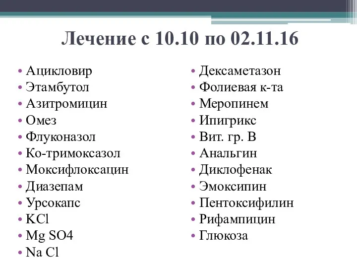 Лечение с 10.10 по 02.11.16 Ацикловир Этамбутол Азитромицин Омез Флуконазол