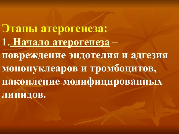 Этапы атерогенеза: 1. Начало атерогенеза – повреждение эндотелия и адгезия мононуклеаров и тромбоцитов, накопление модифицированных липидов.