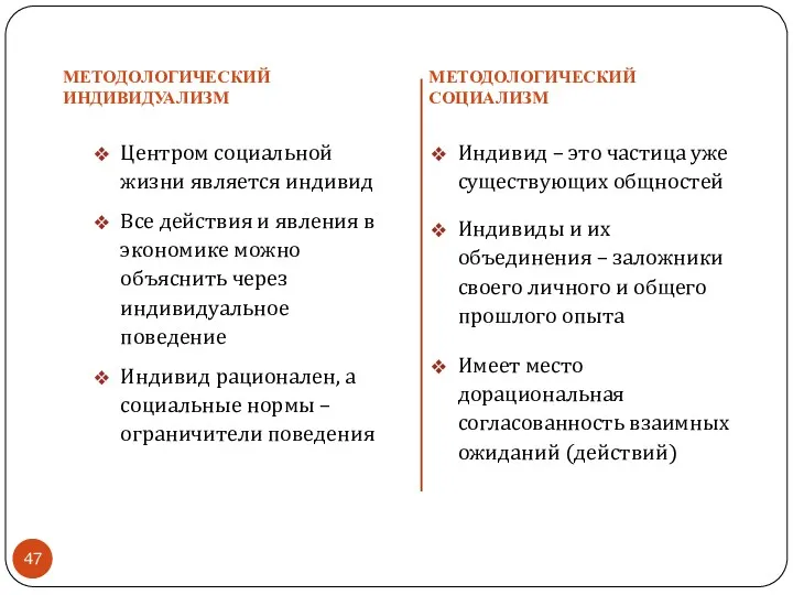 МЕТОДОЛОГИЧЕСКИЙ ИНДИВИДУАЛИЗМ Центром социальной жизни является индивид Все действия и