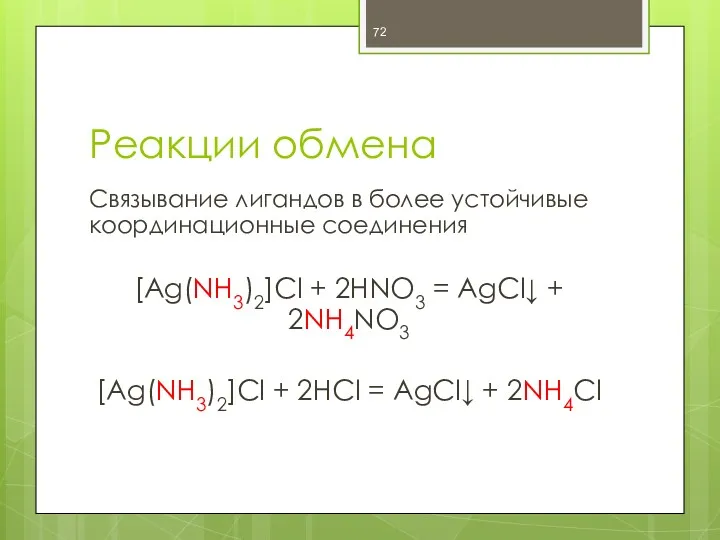 Реакции обмена Связывание лигандов в более устойчивые координационные соединения [Ag(NH3)2]Cl