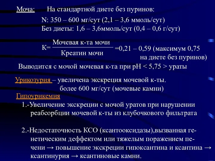 Моча: На стандартной диете без пуринов: N: 350 – 600