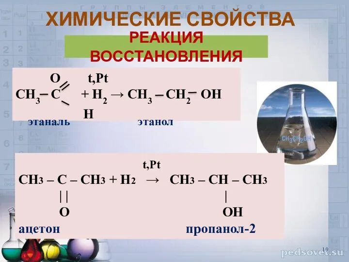 ХИМИЧЕСКИЕ СВОЙСТВА РЕАКЦИЯ ВОССТАНОВЛЕНИЯ О t,Pt СН3 С + Н2