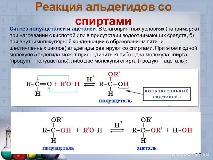 Реакция альдегидов со спиртами Синтез полуацеталей и ацеталей. В благоприятных