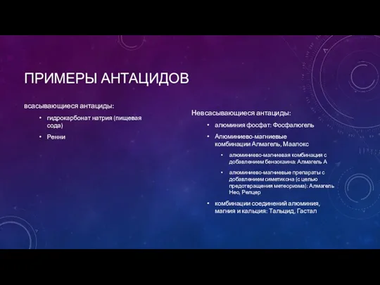 ПРИМЕРЫ АНТАЦИДОВ всасывающиеся антациды: гидрокарбонат натрия (пищевая сода) Ренни Невсасывающиеся