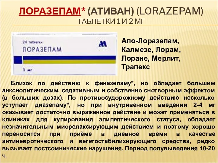 ЛОРАЗЕПАМ* (АТИВАН) (LORAZEPAM) ТАБЛЕТКИ 1 И 2 МГ Близок по