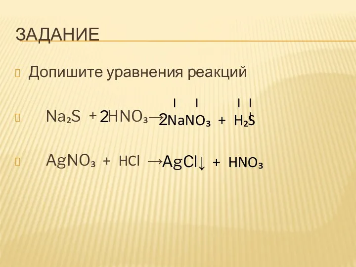ЗАДАНИЕ Допишите уравнения реакций Na₂S + HNO₃→ AgNO₃ + HCl