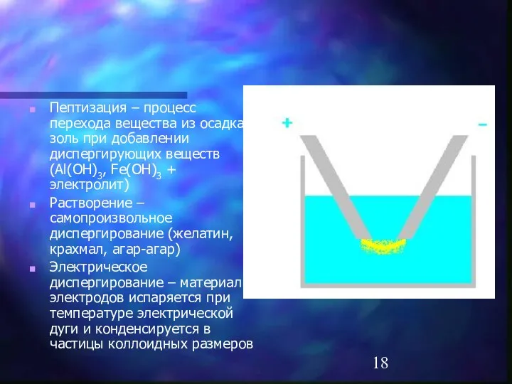 Пептизация – процесс перехода вещества из осадка в золь при