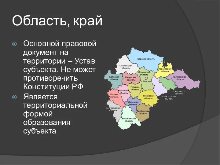 Область, край Основной правовой документ на территории – Устав субъекта.