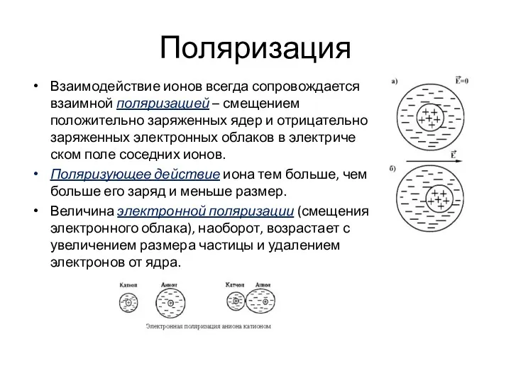 Поляризация Взаимодействие ионов всегда сопровождается взаим­ной поляризацией – смещением положительно