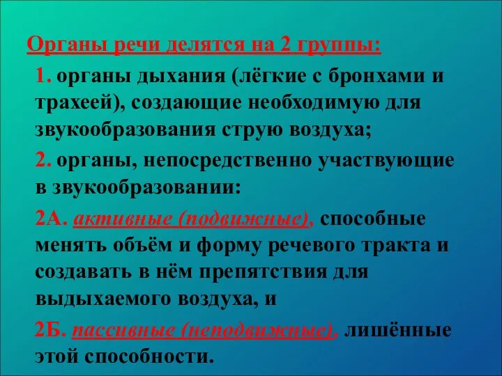 Органы речи делятся на 2 группы: 1. органы дыхания (лёгкие с бронхами и