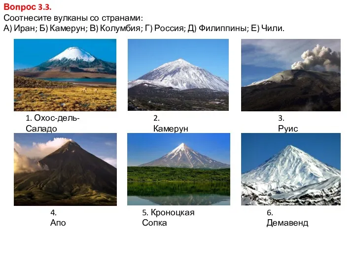 Вопрос 3.3. Соотнесите вулканы со странами: А) Иран; Б) Камерун; В) Колумбия; Г)