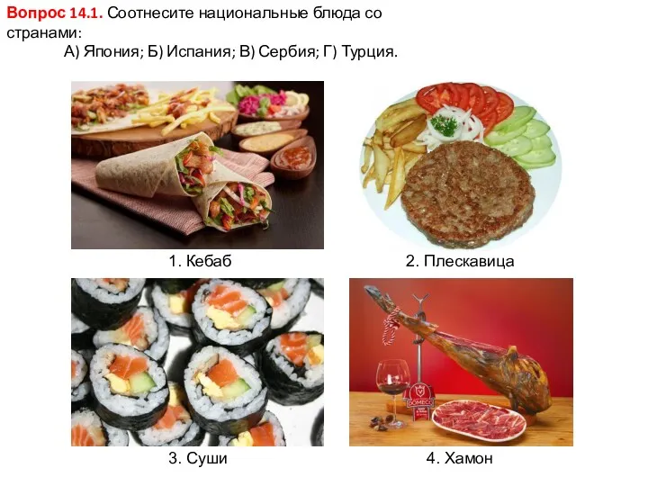 Вопрос 14.1. Соотнесите национальные блюда со странами: А) Япония; Б) Испания; В) Сербия;
