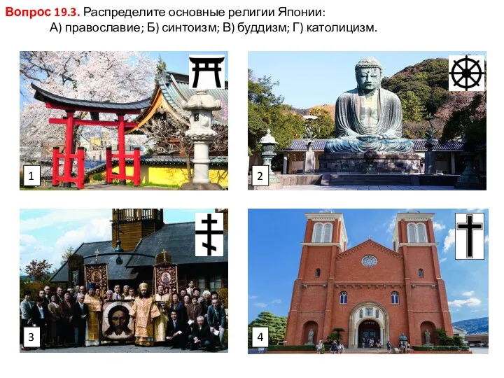 Вопрос 19.3. Распределите основные религии Японии: А) православие; Б) синтоизм; В) буддизм; Г)