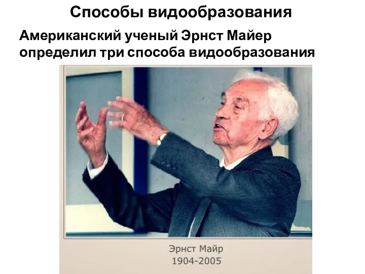 Способы видообразования Американский ученый Эрнст Майер определил три способа видообразования