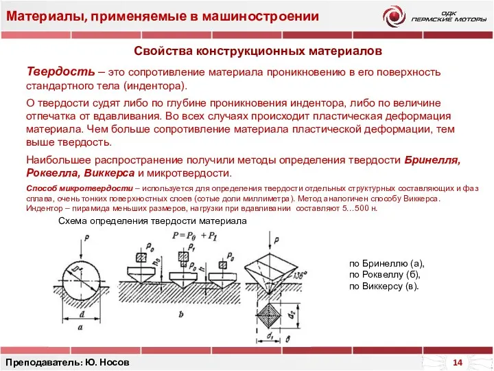 Материалы, применяемые в машиностроении Преподаватель: Ю. Носов Твердость – это