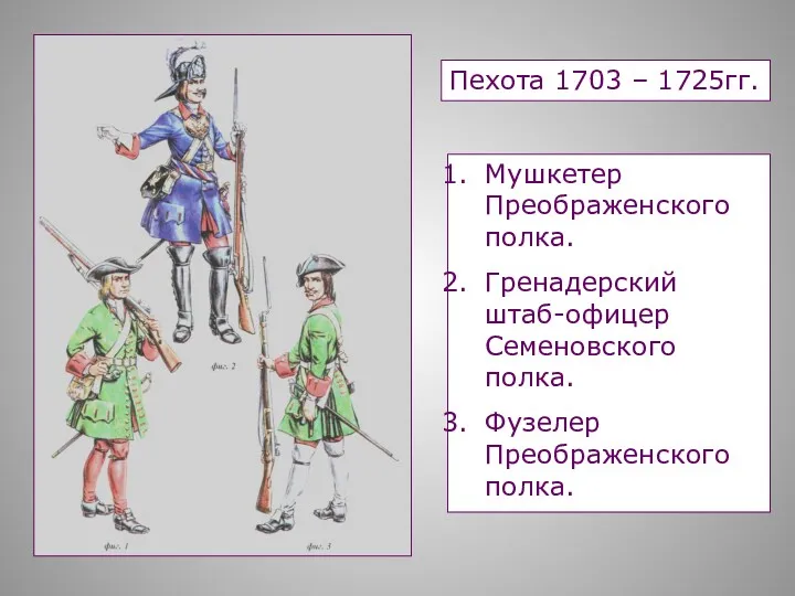 Пехота 1703 – 1725гг. Мушкетер Преображенского полка. Гренадерский штаб-офицер Семеновского полка. Фузелер Преображенского полка.