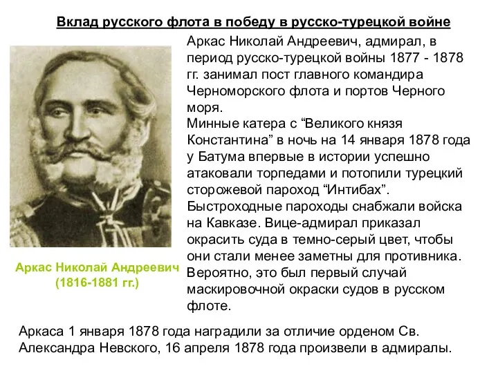 Вклад русского флота в победу в русско-турецкой войне Аркас Николай