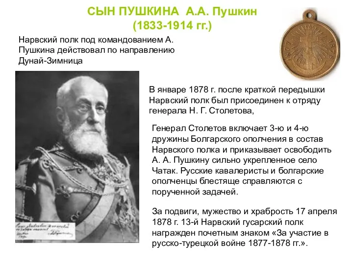 СЫН ПУШКИНА А.А. Пушкин (1833-1914 гг.) Нарвский полк под командованием
