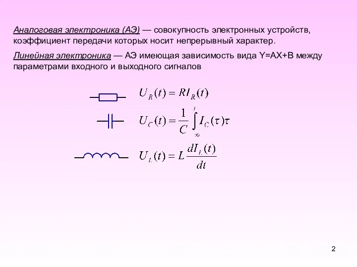 Аналоговая электроника (АЭ) — совокупность электронных устройств, коэффициент передачи которых