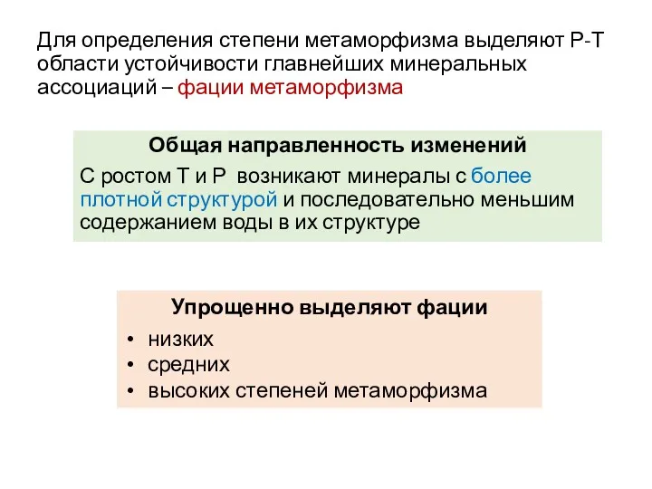 Для определения степени метаморфизма выделяют Р-Т области устойчивости главнейших минеральных