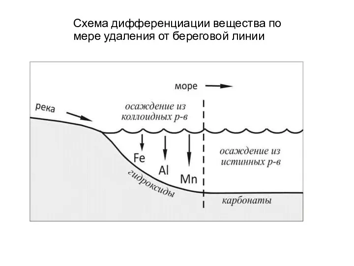 Схема дифференциации вещества по мере удаления от береговой линии