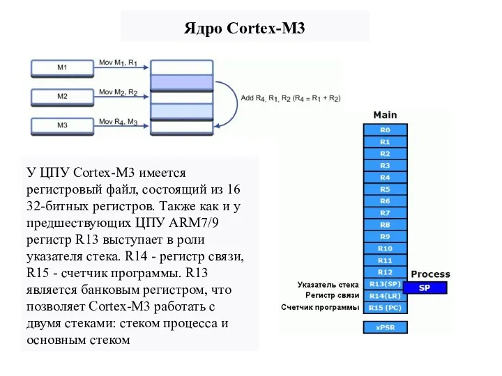 Ядро Cortex-M3 У ЦПУ Cortex-M3 имеется регистровый файл, состоящий из