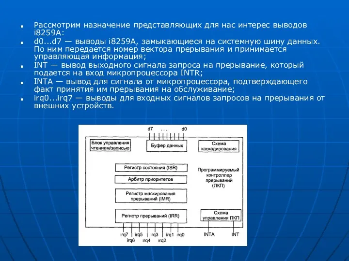 Рассмотрим назначение представляющих для нас интерес выводов i8259A: d0...d7 —