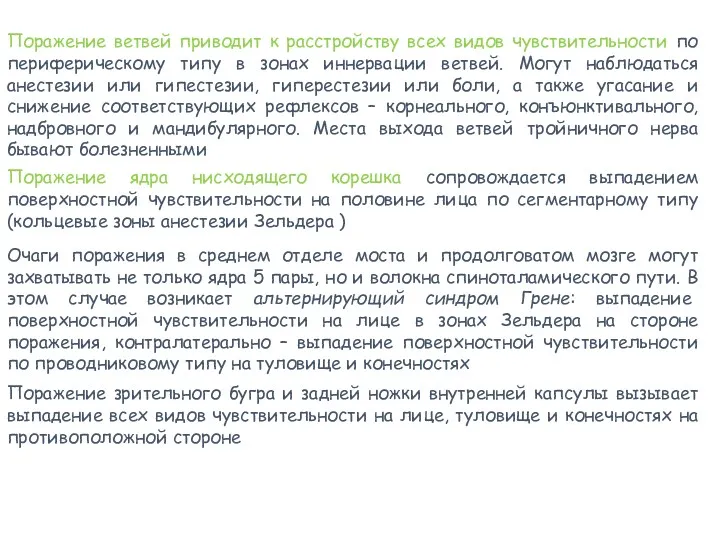 Поражение ветвей приводит к расстройству всех видов чувствительности по периферическому