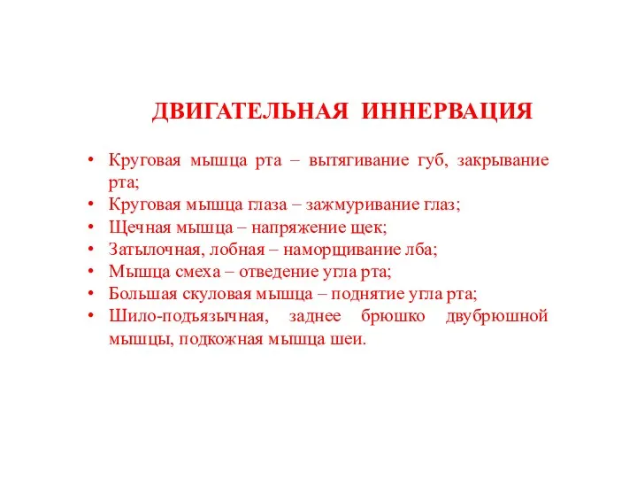 ДВИГАТЕЛЬНАЯ ИННЕРВАЦИЯ Круговая мышца рта – вытягивание губ, закрывание рта;