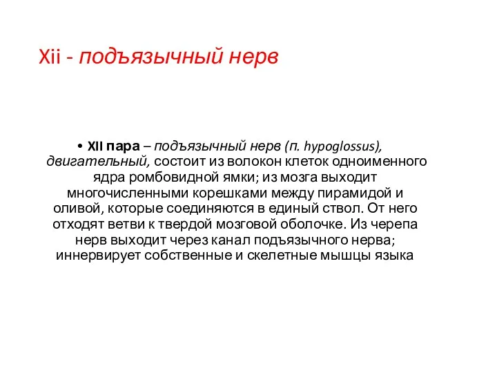 Xii - подъязычный нерв XII пара – подъязычный нерв (п.