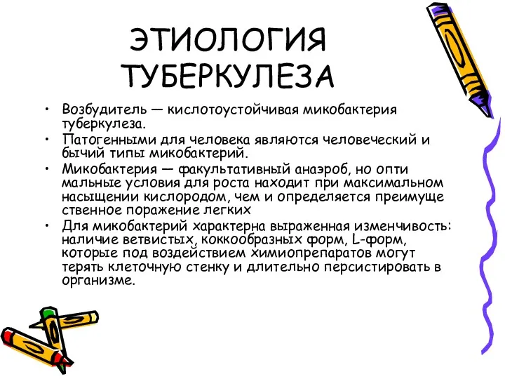 ЭТИОЛОГИЯ ТУБЕРКУЛЕЗА Возбудитель — кислотоустойчивая микобактерия туберкулеза. Патогенными для человека