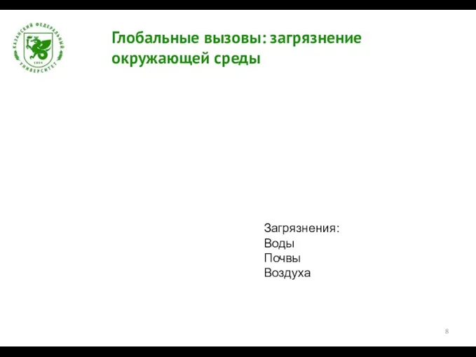 Глобальные вызовы: загрязнение окружающей среды Загрязнения: Воды Почвы Воздуха