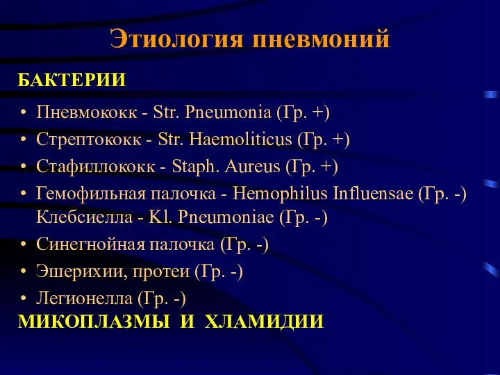 Этиология пневмоний Пневмококк - Str. Pneumonia (Гр. +) Стрептококк -