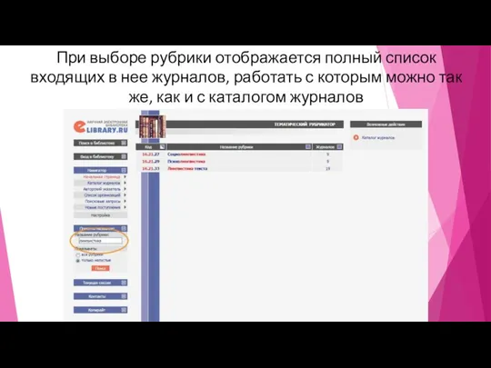 При выборе рубрики отображается полный список входящих в нее журналов,