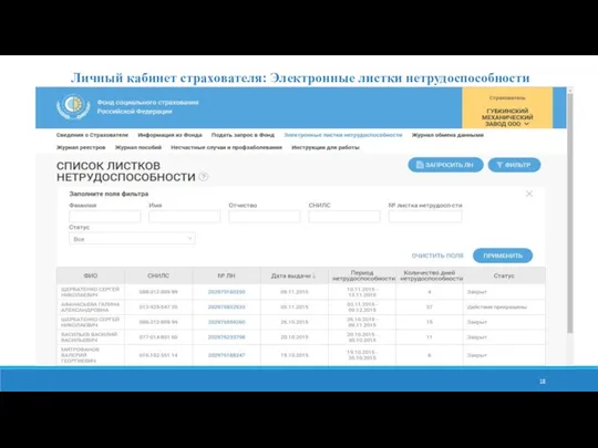 Личный кабинет страхователя: Электронные листки нетрудоспособности