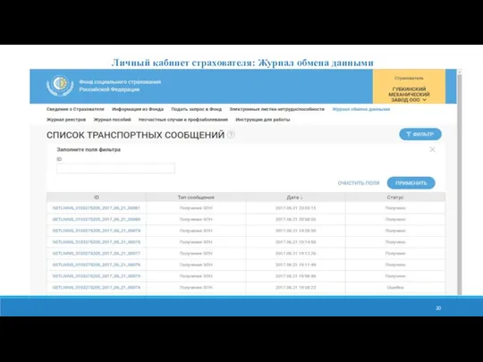 Личный кабинет страхователя: Журнал обмена данными