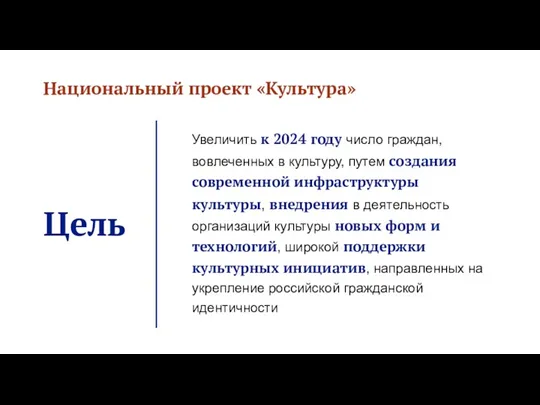 Национальный проект «Культура» Цель Увеличить к 2024 году число граждан,