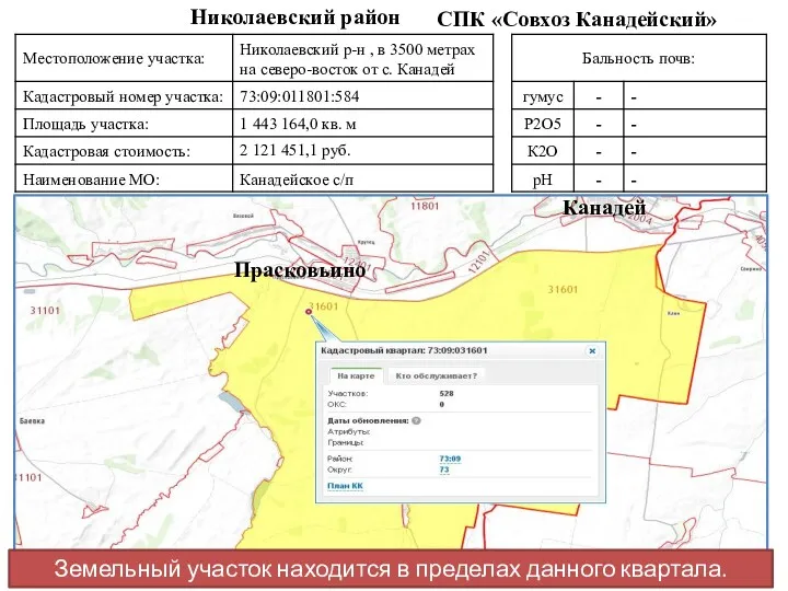 СПК «Совхоз Канадейский» Николаевский район Канадей Прасковьино Земельный участок находится в пределах данного квартала.