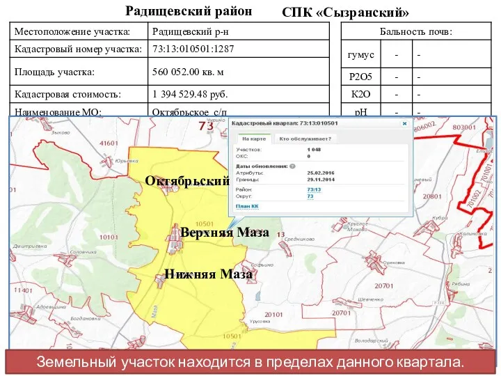 СПК «Сызранский» Радищевский район Верхняя Маза Октябрьский Нижняя Маза Земельный участок находится в пределах данного квартала.