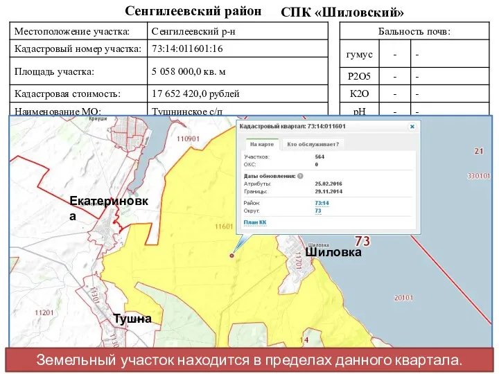 СПК «Шиловский» Сенгилеевский район Шиловка Тушна Екатериновка Земельный участок находится в пределах данного квартала.