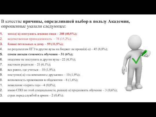 В качестве причины, определившей выбор в пользу Академии, опрошенные указали следующее: хотел(-а) поступить