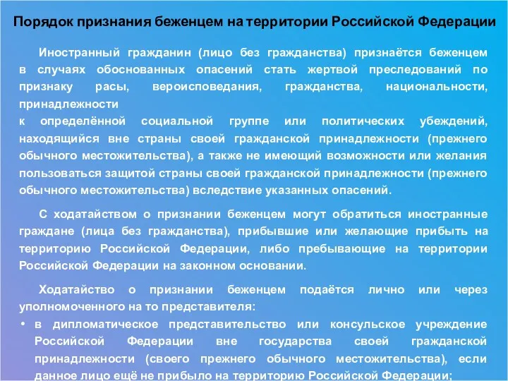 Порядок признания беженцем на территории Российской Федерации Иностранный гражданин (лицо