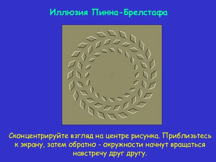 Иллюзия Пинна-Брелстафа Сконцентрируйте взгляд на центре рисунка. Приблизьтесь к экрану, затем обратно -